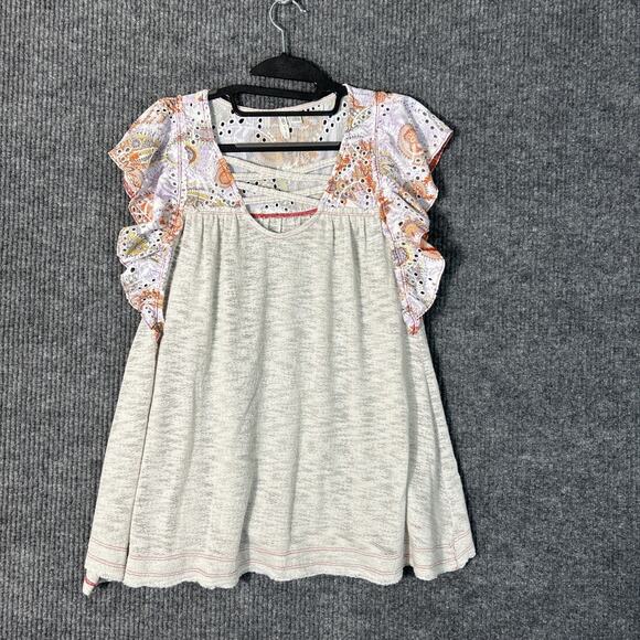 Cato Womens Mixed Media Blouse Size Large Eyelet Embroidered Boho Flutter Sleeve - Picture 1 of 7